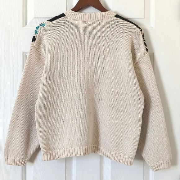 My 90's Vintage Funky Multicolored Abstract Knit Chunky Crewneck Sweater Cream M - Picture 10 of 12